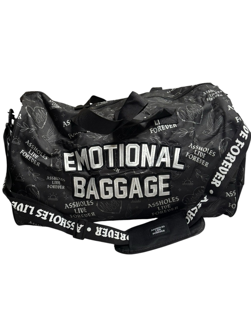 Assholes Live Forever Emotional Baggage Black Flame Bird Heart Duffel Bag NWOT